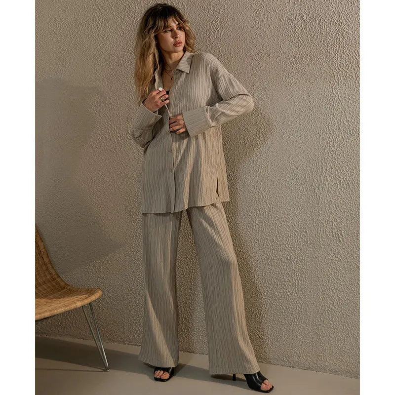 Autumn Winter Popular Pleated Shirt-style Wide-leg Pants Suit