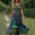 Vintage Purple And Blue Lavender Patchwork And Floral Embroidered Art Linen Maxi Dress elevenforest