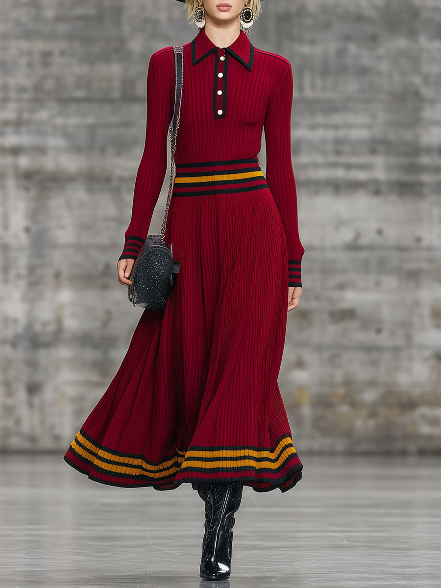 Retro Lapel Red Contrast Edge Knitted Midi Dress
