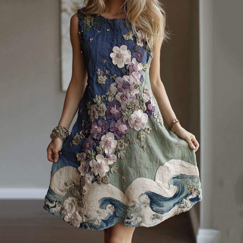 Women's Classy Gradient Japanese Sakura Cherry Blossoms And Sea Wave Embroidered Cotton And Linen Tank Dress elevenforest