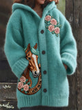 Western Horse & Horseshoe Roses Glitter Embroidered Hooded Cardigan elevenforest