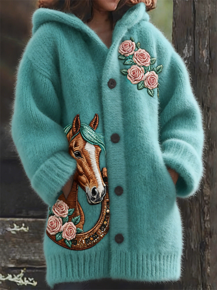 Western Horse & Horseshoe Roses Glitter Embroidered Hooded Cardigan elevenforest