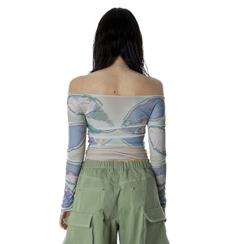 Off Neck Printed Long Sleeve Mesh Transparent Top Autumn