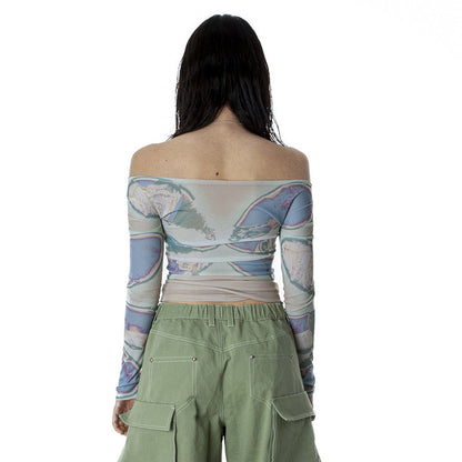 Off Neck Printed Long Sleeve Mesh Transparent Top Autumn
