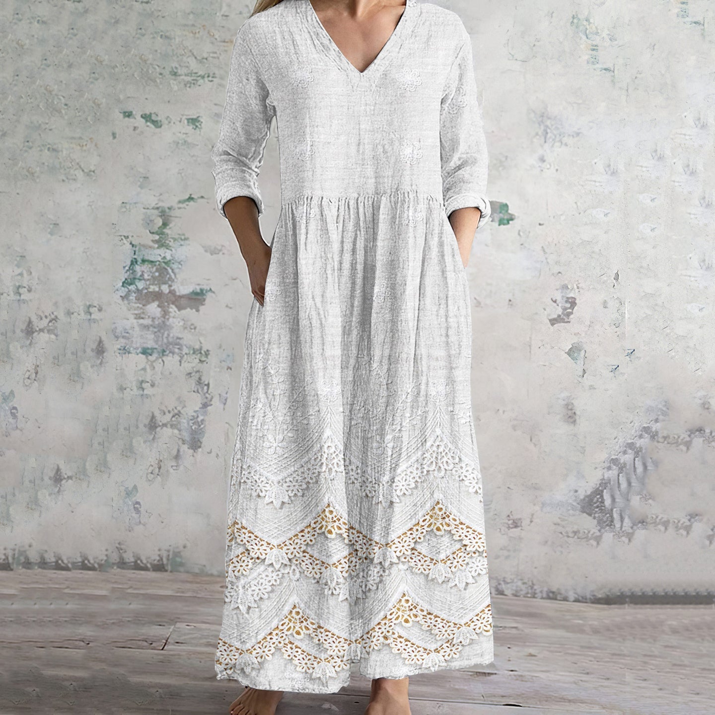 Women's Vintage Floral Embroidered Lace Art Linen Dress elevenforest