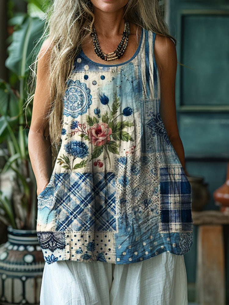 Cottage Floral Plaid Fiber Art Pattern Linen Tank Top elevenforest