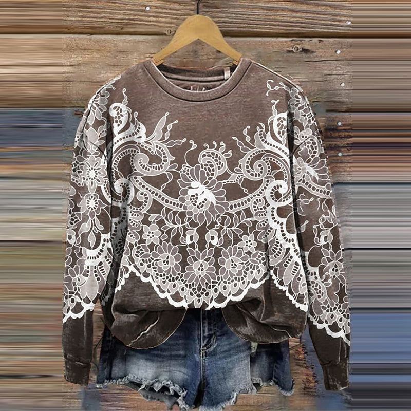 Comstylish Western Lace Floral Print Crew Neck Casual Sweatshirt