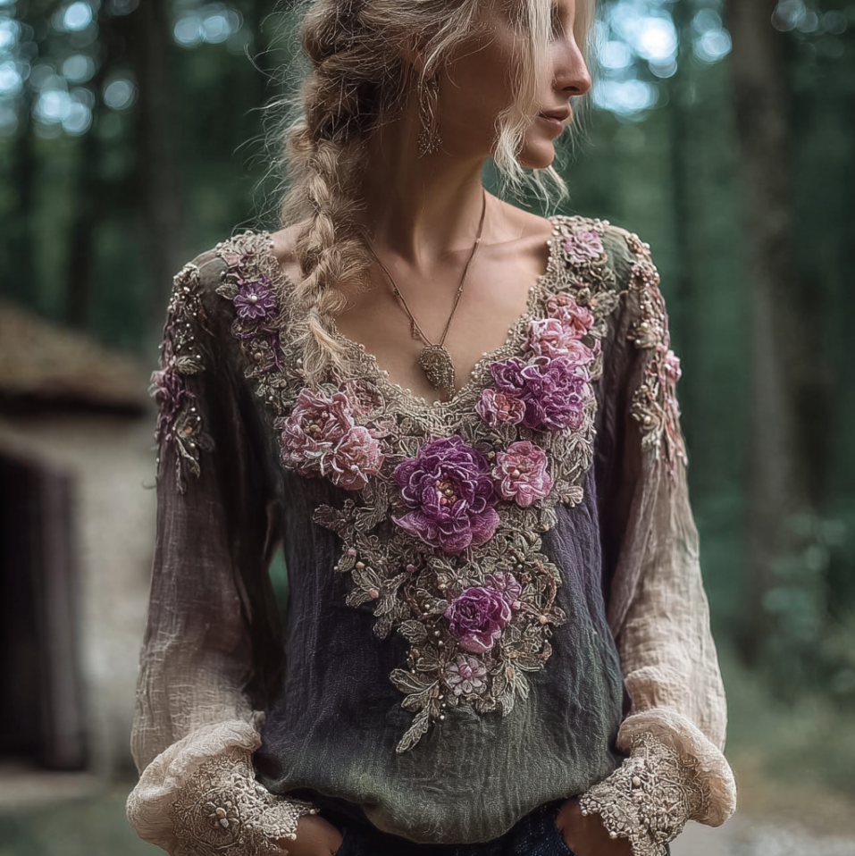 Bohemian Style Round Neck Long Sleeve 3d Purple Flower Design Cotton And Linen Top For Women elevenforest