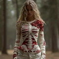 Comstylish Women's Red Rose Skeleton Art Cozy Knit Pullover Sweater