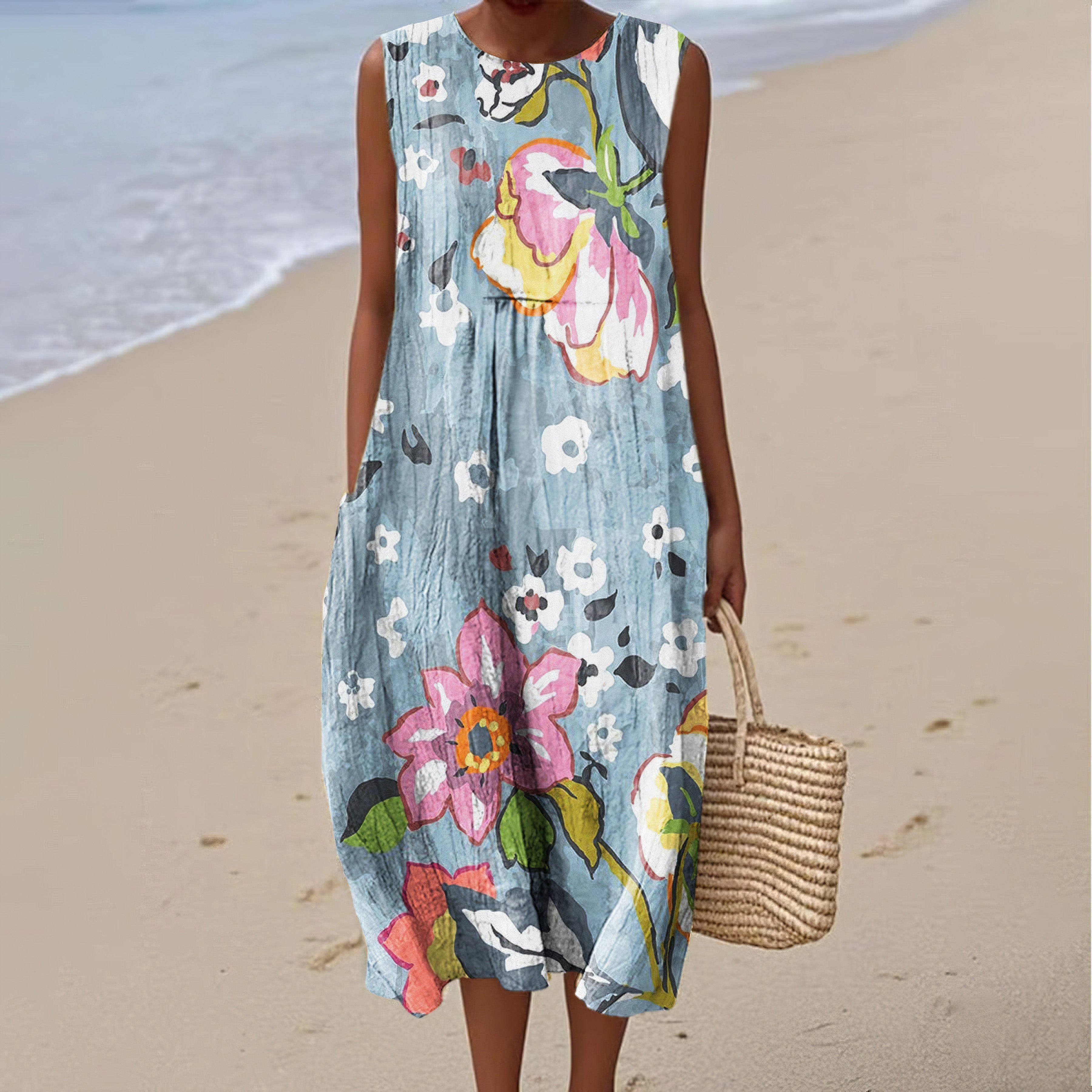 Comstylish Women's Flower Art Linen Tank Midi Dress