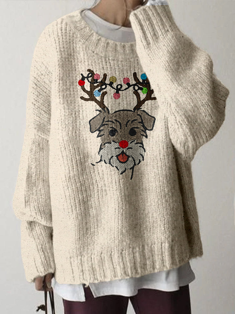 Comstylish Funny Christmas Schnauzer Dog Embroidered Cozy Sweater