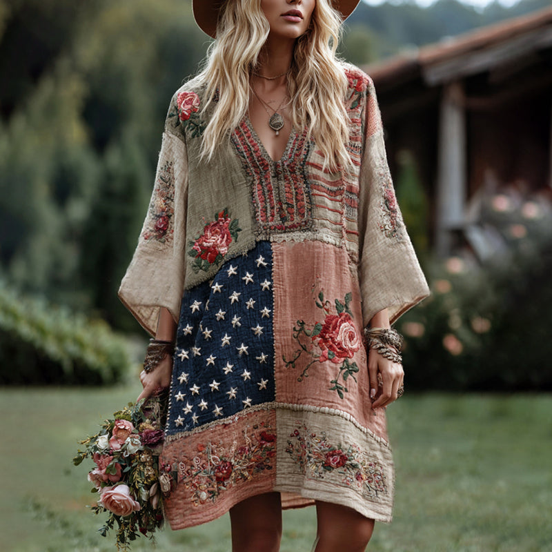 Western Cowboy Style Floral And Star Embroidered Patchwork Embroidered Art Casual Long Sleeve Dress elevenforest