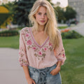 Women's Vintage Pink Floral Embroidery V-neck T-shirt elevenforest