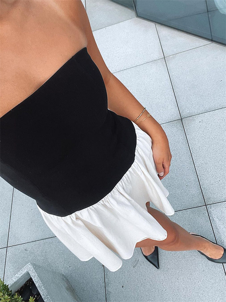 Tossy Summer Pleated Mini Dress – Backless Patchwork Slim Contrast Party Dress for