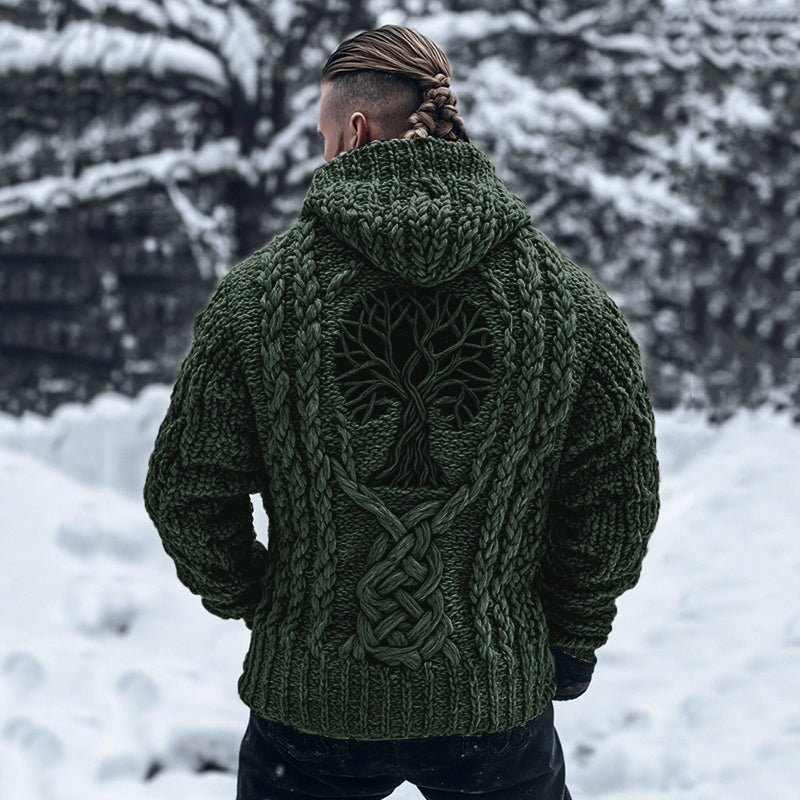 Men's Viking Tribal Tree Of Life Celtic Chunky Knit Hooded Sweater elevenforest