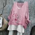 Pink Floral Cat Silhouette Embroidered Linen Tunic