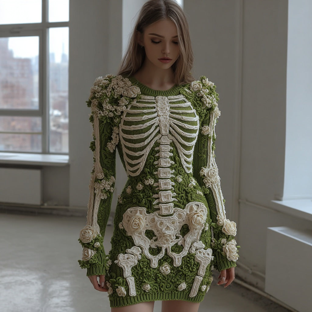 Women's Vintage Skull Rose Crochet Cozy Knit Sweater Dress elevenforest