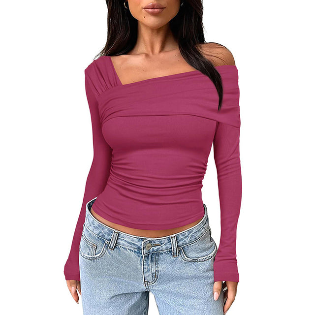 Cutenova Basic Undershirt Slash Off Shoulder Full Sleeve Shirt Shrunk Soft T-shirt Autumn Versatile Street Daily Top
