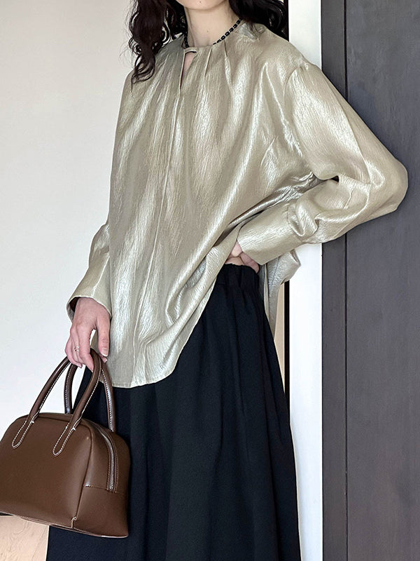 Long Sleeves Loose Hollow Shiny Color Round-neck Blouses&shirts Tops
