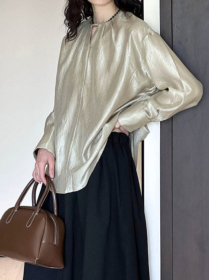 Long Sleeves Loose Hollow Shiny Color Round-neck Blouses&shirts Tops