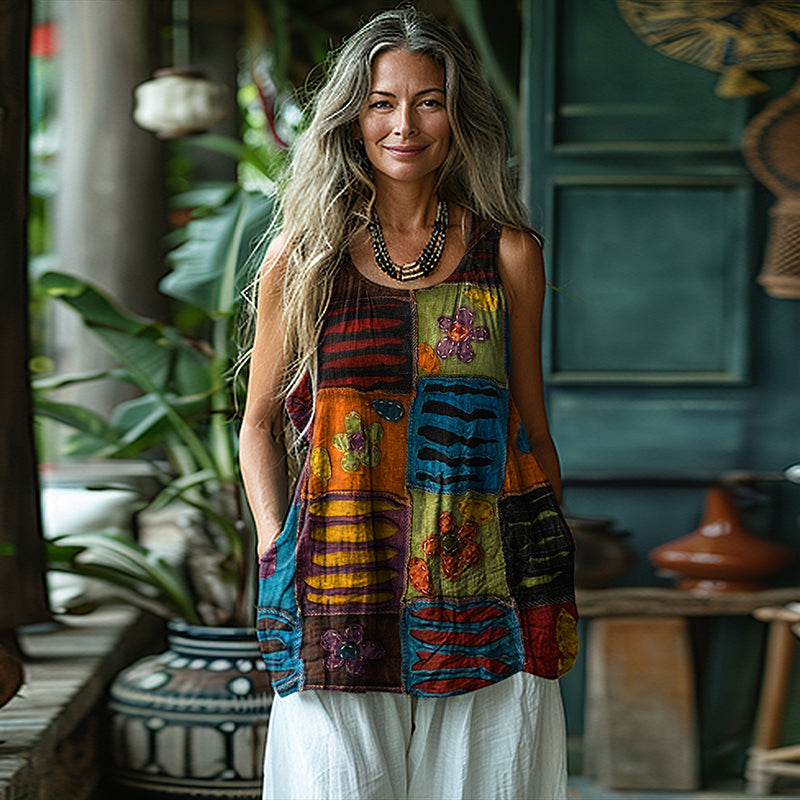 Vintage Tribal Floral Patchwork Sleeveless Linen Blend Tank Top elevenforest