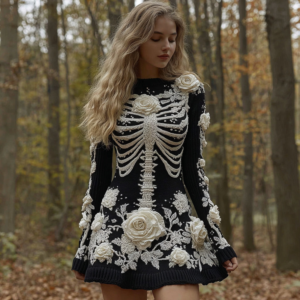 Women's Halloween Skeleton Bones Rose Comfortable Elegant Sweater Dress artswardrobe