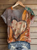 Women's Vintage Heart Pattern Art Print V-neck Casual T-Shirt