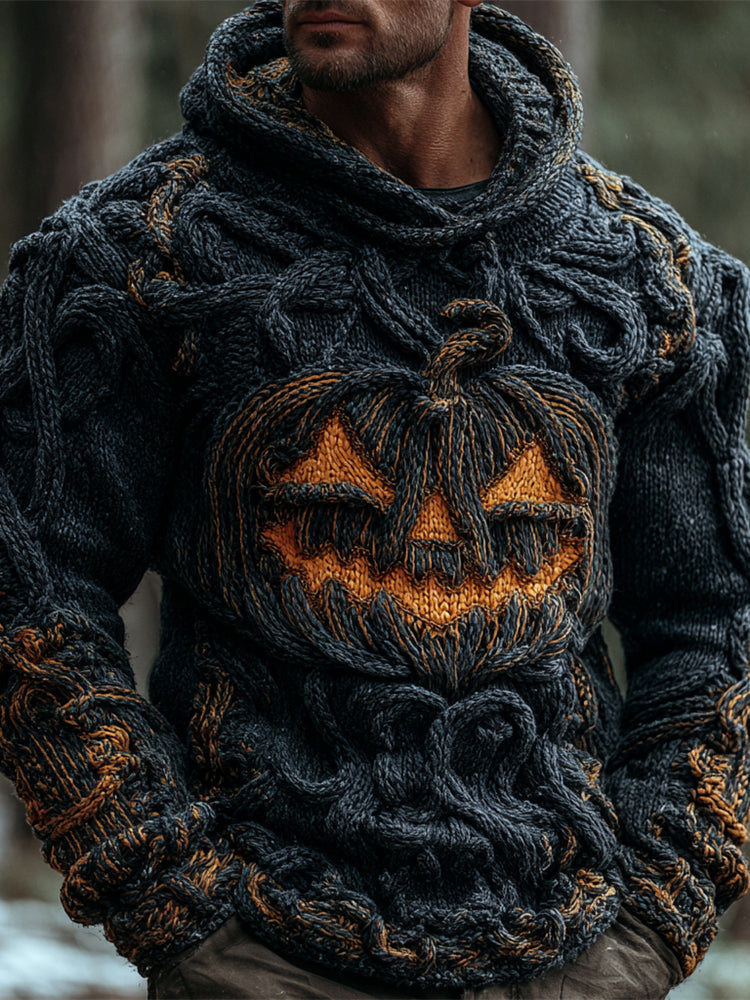 Halloween Pumpkin Emoji Men's Chunky Knit Hooded Sweater elevenforest