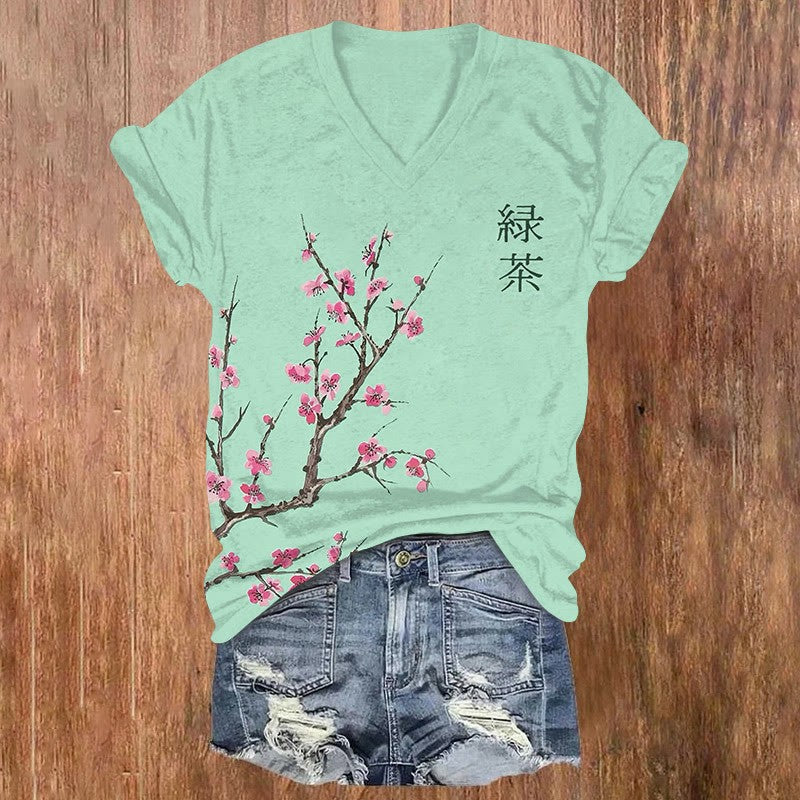 Comstylish Japanese Cherry Blossom Print Short-sleeved V-neck T-shirt