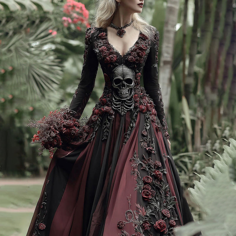 Vintage Skull Skeleton And Red Roses Flowy Linen Maxi Dress elevenforest