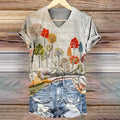 Women's Vintage Ethnic Botanical Art Pattern Print V-neck Casual T-Shi