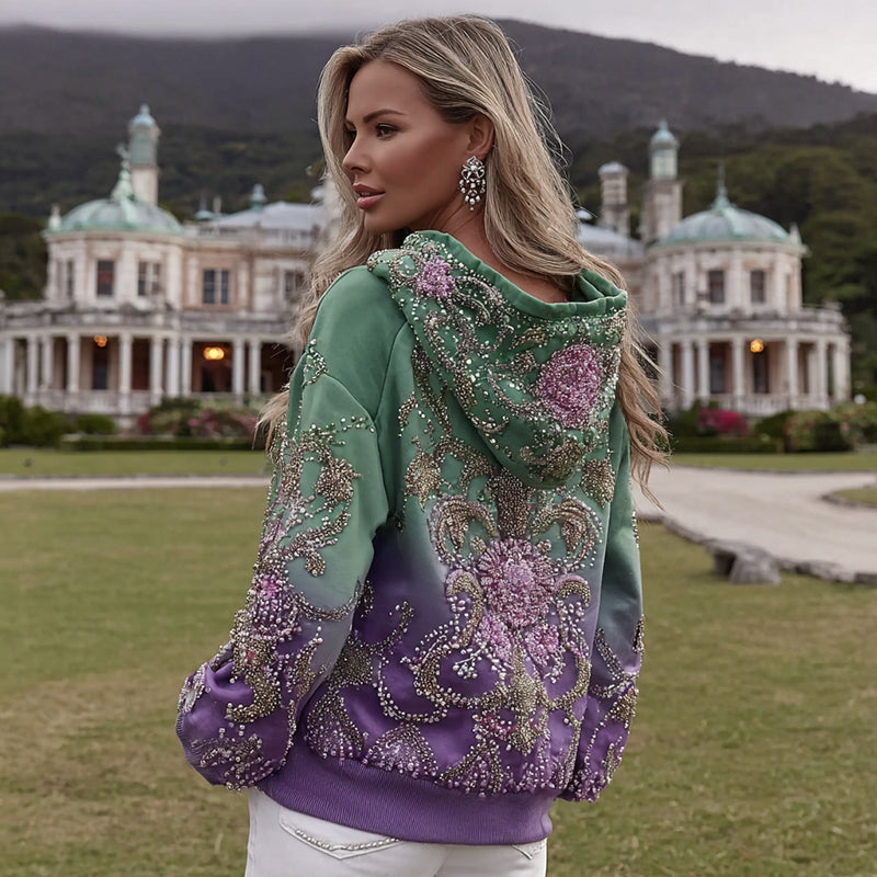 Women's Retro Purple Rose Art Pattern Casual Hoodie elevenforest