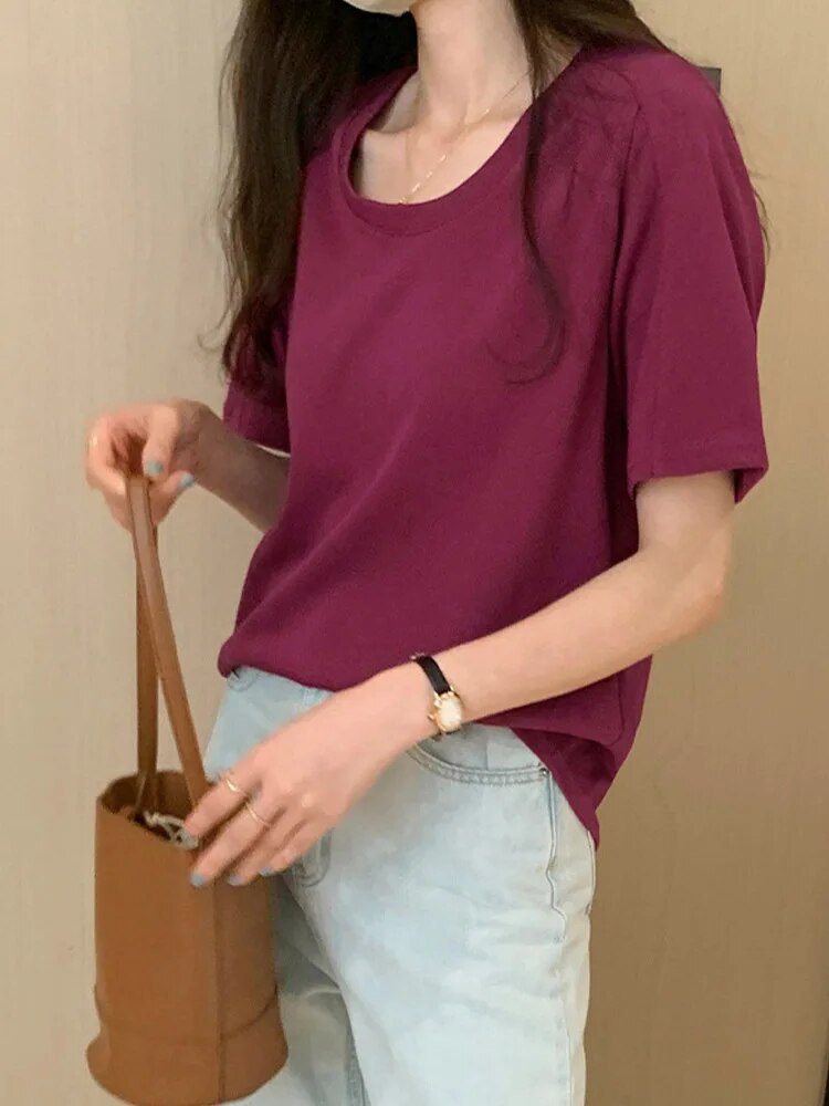 Summer New Color Slim ’s T-shirt I T-shirt Woman Grey Apricot Purple Red White O-neck Top