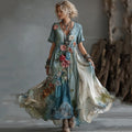 Vintage Gradient Japanese Blossoms Embroidered Cotton And Linen Maxi Dress elevenforest