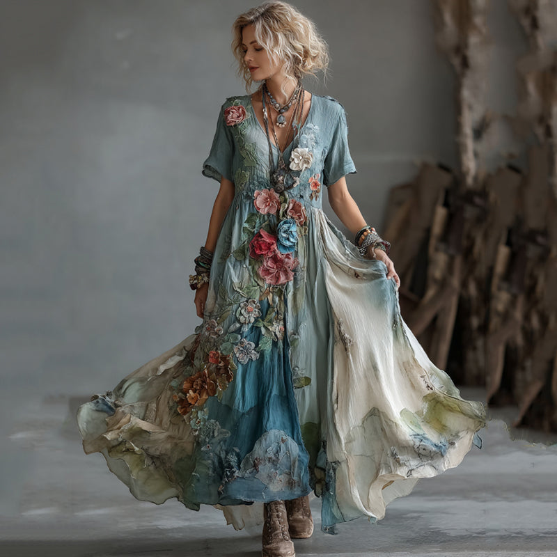 Vintage Gradient Japanese Blossoms Embroidered Cotton And Linen Maxi Dress elevenforest