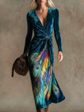 Elegant vintage print V-neck velvet maxi dress