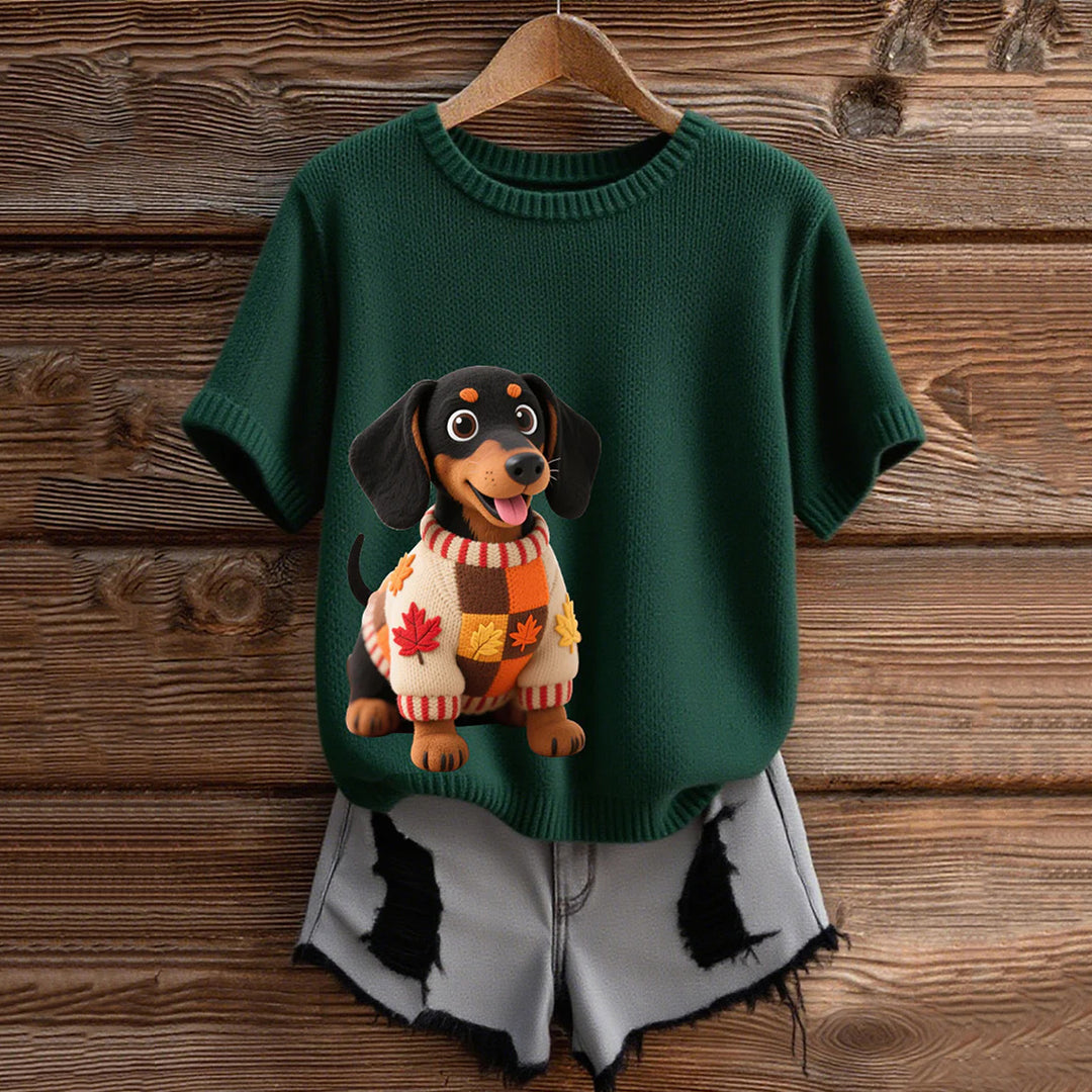 Comstylish Vintage Dachshund With Felt In Autumn Inspired Embroidered Short Sleeve Cozy Knit Sweater