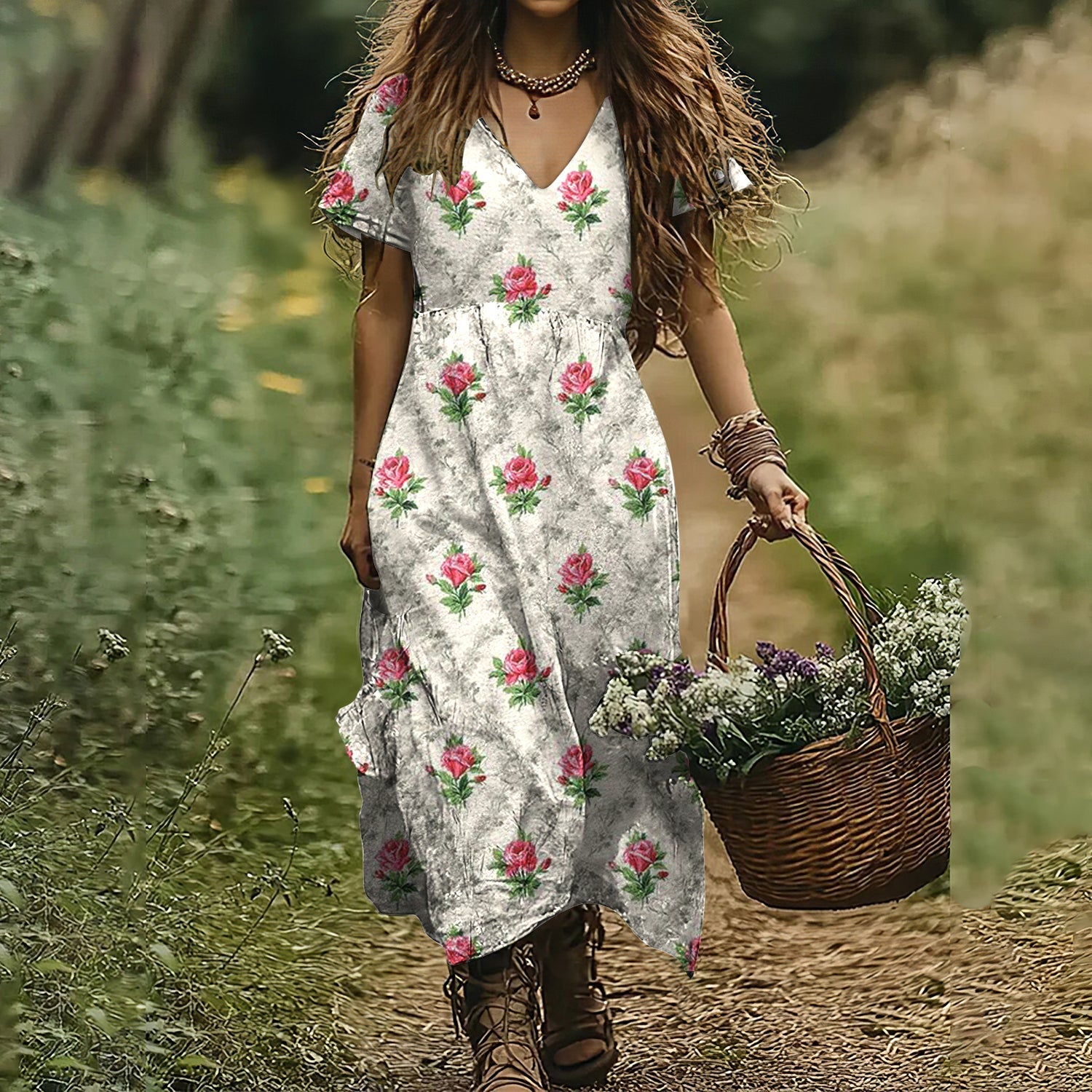 Vintage Floral Print V-neck Short Sleeved Linen Blend Midi Dress elevenforest