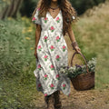 Vintage Floral Print V-neck Short Sleeved Linen Blend Midi Dress elevenforest