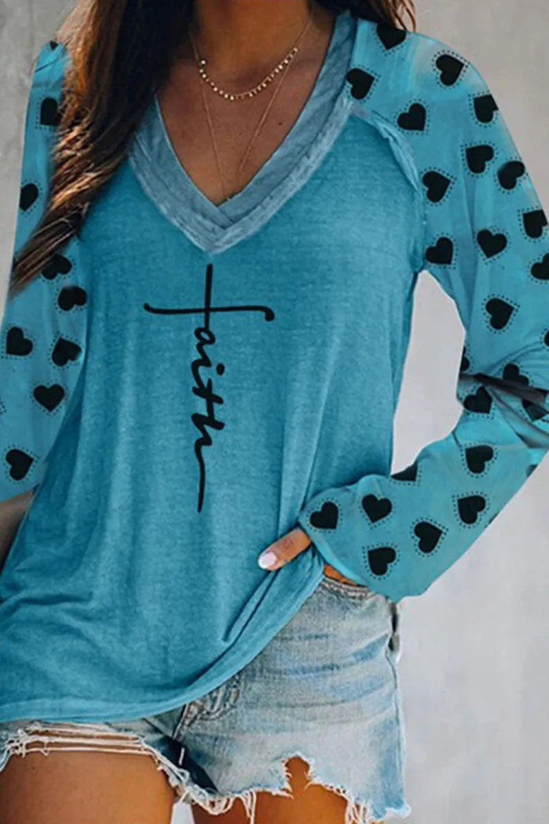 Print Patchwork V Neck T-shirts(4 Colors)