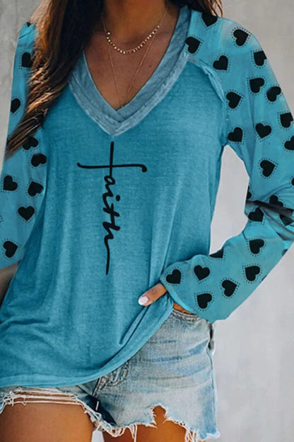 Print Patchwork V Neck T-shirts(4 Colors)