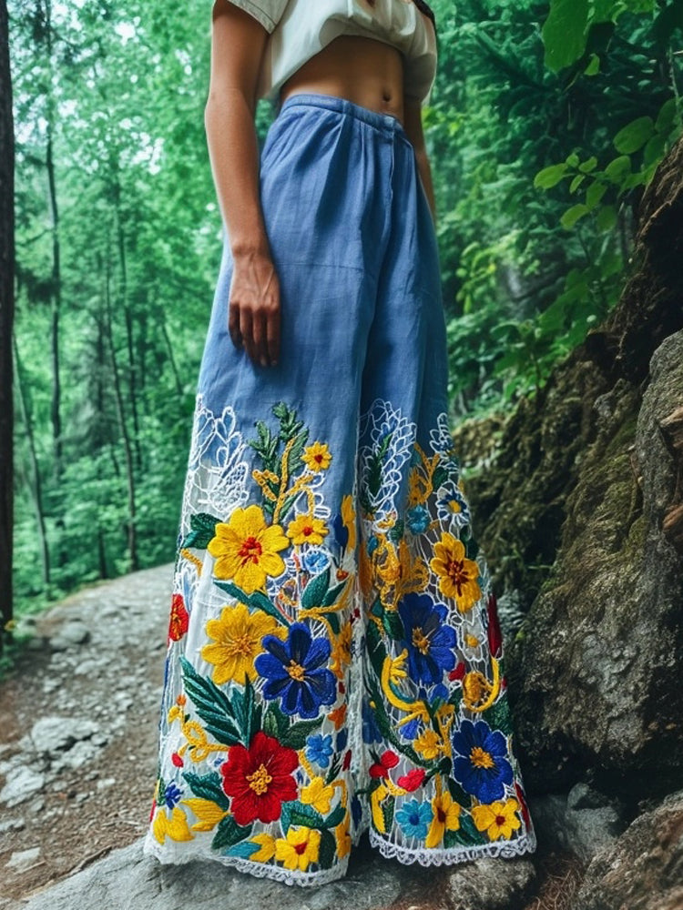 Vintage Floral Lace Embroidered Gradient Linen Pants elevenforest