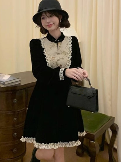 Y2k Patchwork Velvet Mini Dress Long Sleeve Princess Party Dress A-line Autumn Spring French Prom Vestidos New