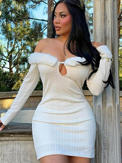 Taruxy Splice Fur Collar Mini Dress for Off Shoulder Slim Temperament Bodycon Dresses Femme Party Dress Woman