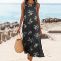 Women's Floral Print Round Neck Linen Blend Tank Midi Dress elevenforest