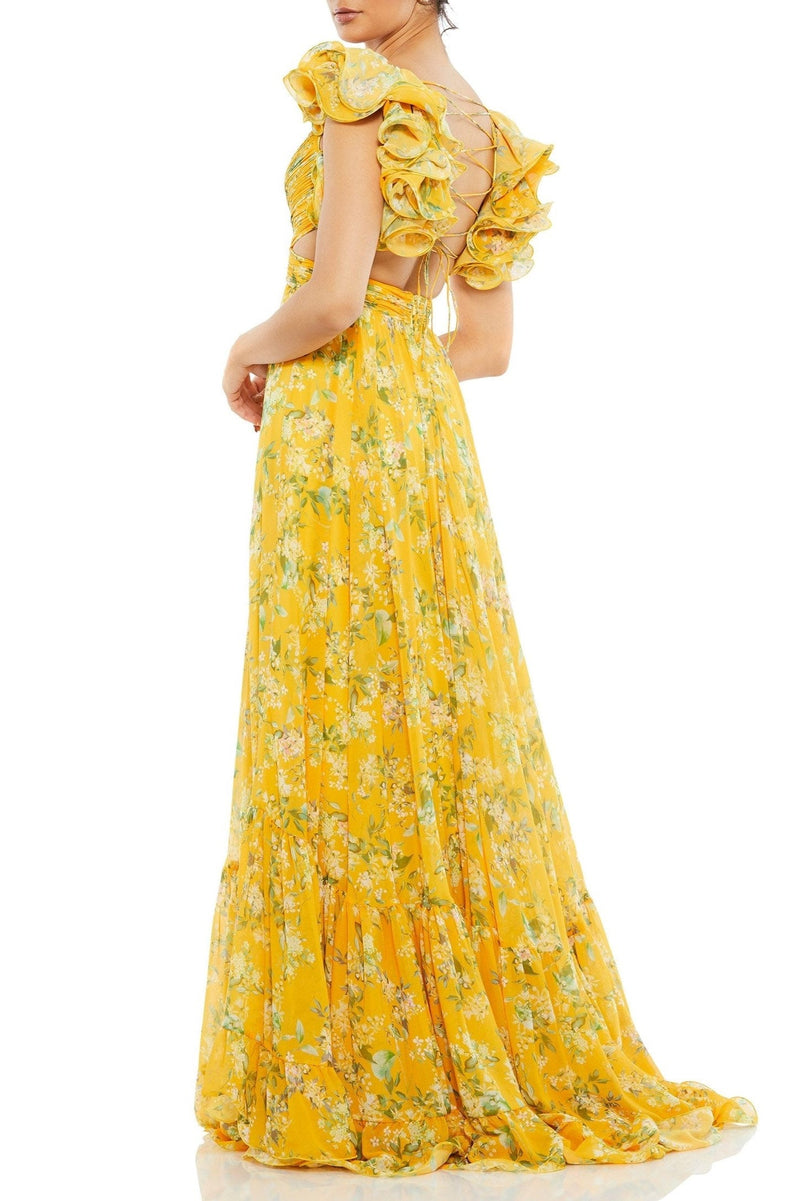 V-neck Cut-out Backless Ruffle Hem Maxi Dress Yellow