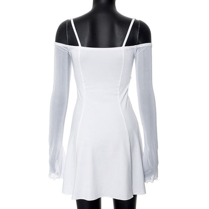 Trauxy Mesh Ruffles Splicing Suspender Mini Dress for Off Shoulder Long Sleeve See Through Bodycon Dress Hot Summer