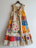 Floral Embroidered Lace Patchwork Linen Blend Dress elevenforest