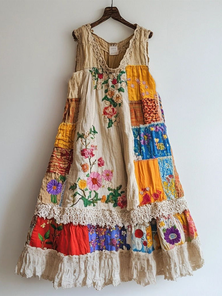 Floral Embroidered Lace Patchwork Linen Blend Dress elevenforest