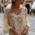 Bohemian Style Plant And Flower Embroidery Women's Round Neck Long Sleeve Cotton And Linen Top elevenforest